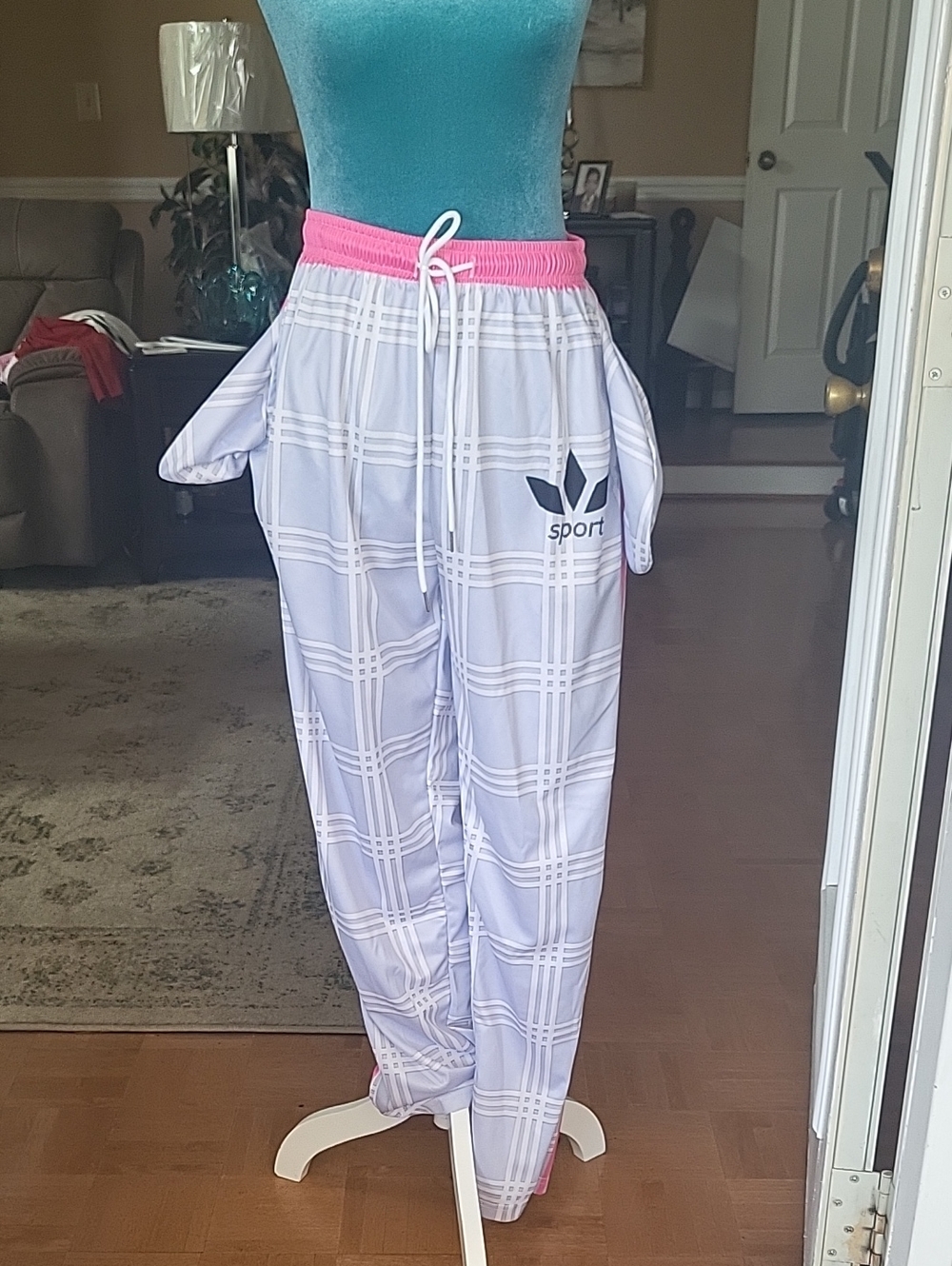 Unisex Pink, Grey And White, Elastic Waist Plaid Active Track Pants Suit